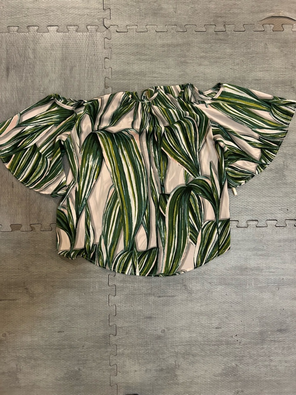Japna Tropical Leaf Print Blouse Large Flowy Flutter Sleeve Boho Top
